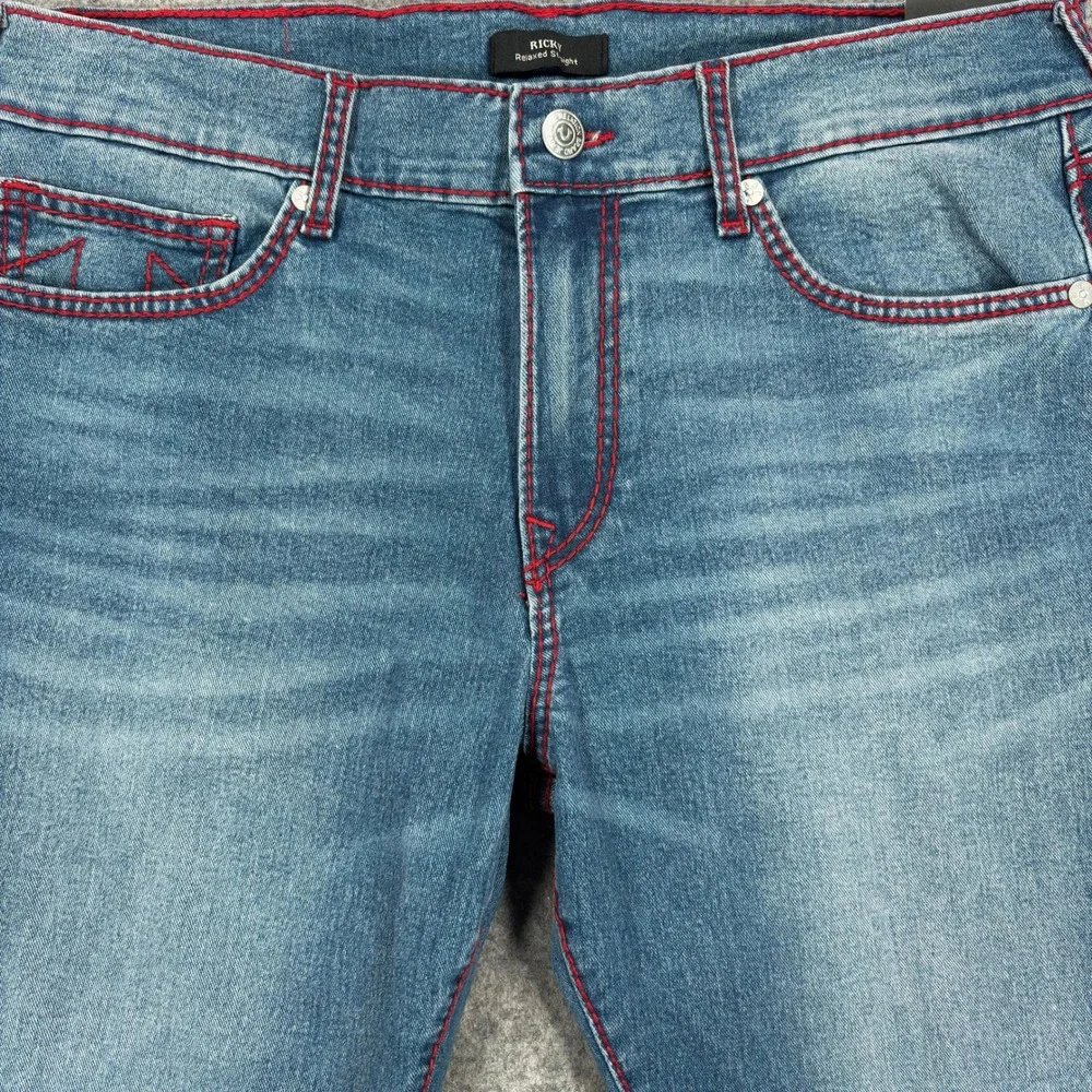 True Religion Ricky Red Big T Jeans Mens 34x34 Blue Neptune Wash Straight NWT